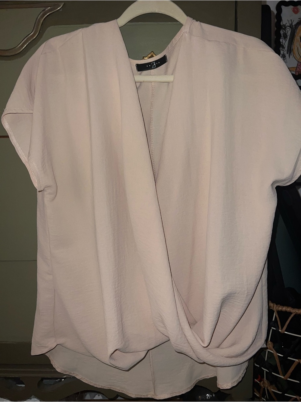 Light Blush Draped Crossover Short Sleeve Blouse